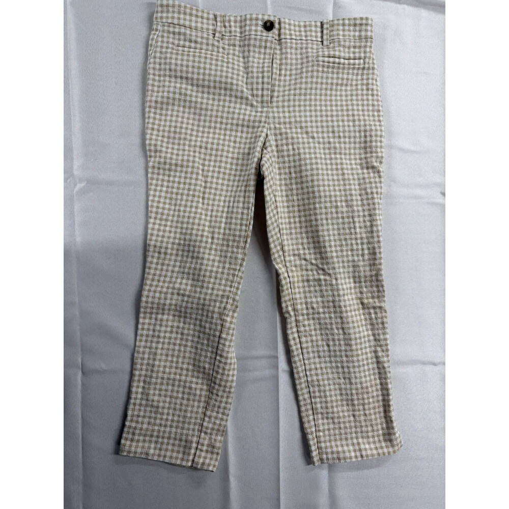 Ann Taylor Gingham Plaid Crop Pants Size 8P Tan White Mid Rise Stretch